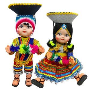 2 PCS PERU PERUVIAN CUTE COUPLE HANDMADE COSTUME TEXTILE DRESS GIFT DOLLS 14"